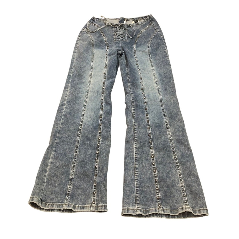 Y2K Style Jeans Womens Petite M‎ Blue Studded Lace Up Front Acid Wash Wide Leg